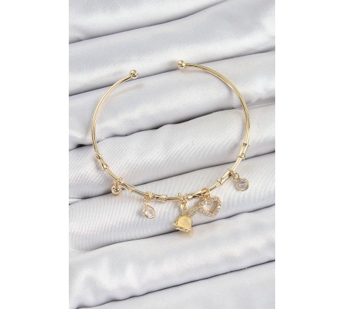 Pirinç Zirkon Taşlı Tavşan Ve Kalp Model Gold Renk Charm Bileklik