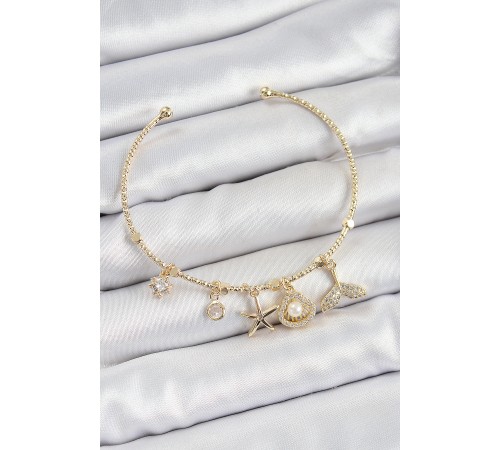 Pirinç Zirkon Taşlı İstiridye Ve Deniz Yıldızı Model Gold Renk Charm Bileklik