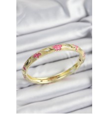 Mineli Pirinç Pembe Ve Hardal Çiçek Motifli Gold Renk Kadın Kelepçe