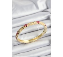 Mineli Pirinç Pembe Ve Krem Çiçek Motifli Gold Renk Kadın Kelepçe