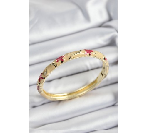 Mineli Pirinç Pembe Ve Krem Çiçek Motifli Gold Renk Kadın Kelepçe Mineli Pirinç Pembe Ve Krem Çiçek Motifli Gold Renk Kadın Kelepçe