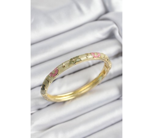Mineli Pirinç Pembe Ve Yeşil Çiçek Motifli Gold Renk Kadın Kelepçe Mineli Pirinç Pembe Ve Yeşil Çiçek Motifli Gold Renk Kadın Kelepçe