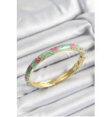 Mineli Pirinç Pembe Ve Yeşil Çiçek Motifli Gold Renk Kadın Kelepçe