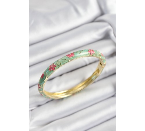Mineli Pirinç Pembe Ve Yeşil Çiçek Motifli Gold Renk Kadın Kelepçe Mineli Pirinç Pembe Ve Yeşil Çiçek Motifli Gold Renk Kadın Kelepçe