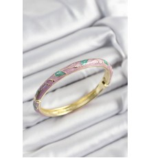 Mineli Pirinç Pembe Ve Yeşil Yaprak Motifli Gold Renk Kadın Kelepçe