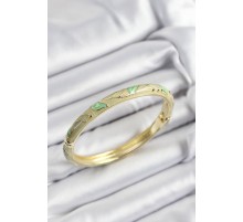 Mineli Pirinç Yeşil Yaprak Motifli Gold Renk Kadın Kelepçe