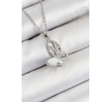 316L Çelik Zirkon Taşlı Kelebek Model Gümüş Renk Kadın Kolye