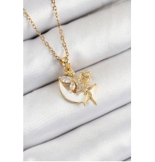 316L Çelik Zirkon Taşlı Hilal Melek Model Gold Renk Kadın Kolye