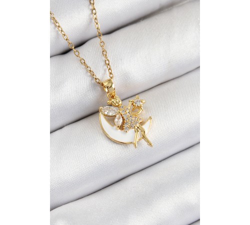 316L Çelik Zirkon Taşlı Hilal Melek Model Gold Renk Kadın Kolye 316L Çelik Zirkon Taşlı Hilal Melek Model Gold Renk Kadın Kolye