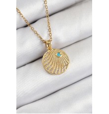 316L Çelik Zirkon Taşlı Madalyon Model Gold Renk Kadın Kolye