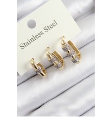 316L Çelik Zirkon Taşlı Dikdörtgen Model Gold Renk 3'lü Set Kadın Küpe