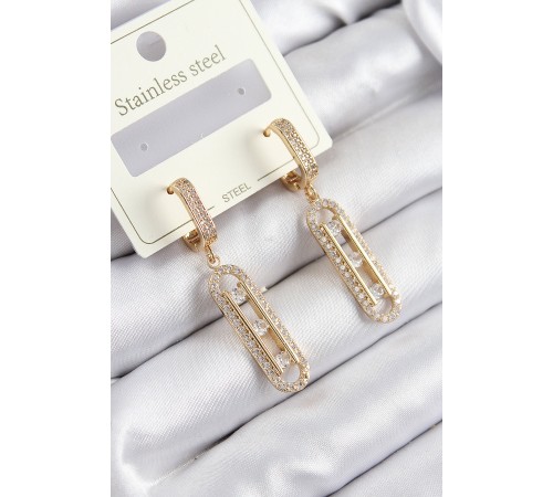 316L Çelik Zirkon Taşlı Sallantılı Messika Model Gold Renk Kadın Küpe