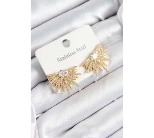 316L Çelik Zirkon Taşlı Yelpaze Model Gold Renk Kadın Küpe