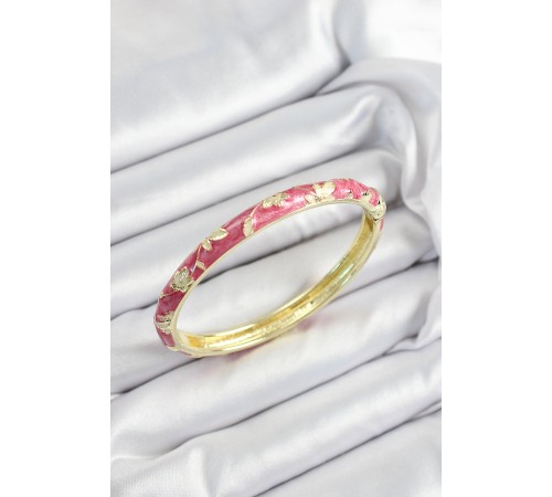 Mineli Pirinç Pembe Çiçek Motifli Gold Renk Kadın Kelepçe Mineli Pirinç Pembe Çiçek Motifli Gold Renk Kadın Kelepçe
