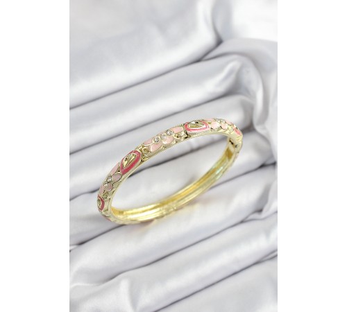 Mineli Pirinç Zirkon Taşlı Pembe Çiçek Motifli Gold Renk Kadın Kelepçe Mineli Pirinç Zirkon Taşlı Pembe Çiçek Motifli Gold Renk Kadın Kelepçe