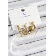 Pirinç Zİrkon Taşlı Dikdörtgen Model Gold Renk 3'lü Kadın Küpe