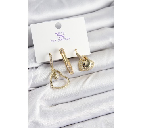 Pirinç Zİrkon Taşlı Kalp Model Gold Renk 3'lü Kadın Küpe Pirinç Zİrkon Taşlı Kalp Model Gold Renk 3'lü Kadın Küpe