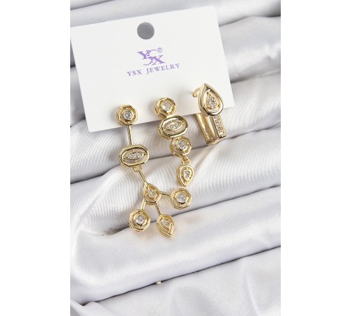 Pirinç Zİrkon Taşlı Geometrik Model Gold Renk 3'lü Kadın Küpe