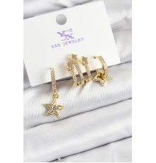 Pirinç Zİrkon Taşlı Sallantılı Yıldız Model Gold Renk 3'lü Kadın Küpe