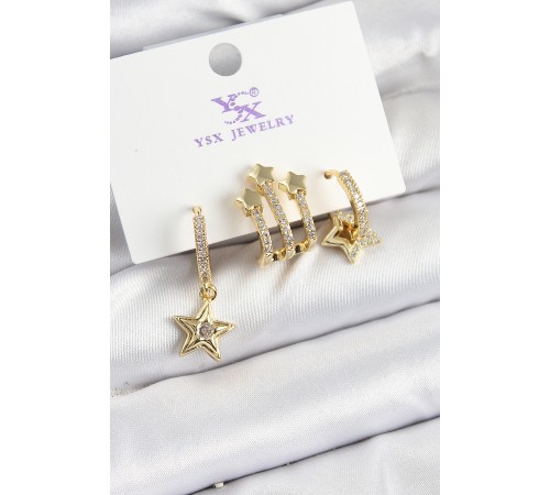 Pirinç Zİrkon Taşlı Sallantılı Yıldız Model Gold Renk 3'lü Kadın Küpe