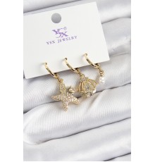 Pirinç Zİrkon Taşlı Deniz Yıldızı Ve İstiridye Model Gold Renk 3'lü Kadın Küpe