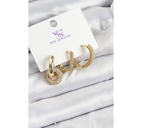 Pirinç Zİrkon Taşlı Halka Model Gold Renk 3'lü Kadın Küpe