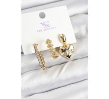 Pirinç Zİrkon Taşlı Kalp Model Gold Renk 3'lü Kadın Küpe