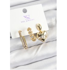 Pirinç Zİrkon Taşlı Kalp Model Gold Renk 3'lü Kadın Küpe