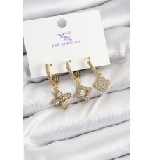 Pirinç Zİrkon Taşlı Yonca Model Gold Renk 3'lü Kadın Küpe