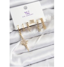Pirinç Zİrkon Taşlı Kutup Yıldızı Model Gold Renk 3'lü Çift Kadın Küpe