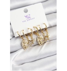 Pirinç Zİrkon Taşlı Ay ve Yıldız Model Gold Renk 3'lü Çift Kadın Küpe