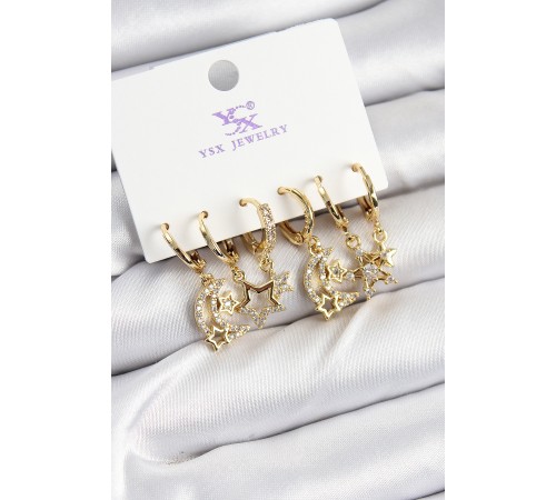 Pirinç Zİrkon Taşlı Ay ve Yıldız Model Gold Renk 3'lü Çift Kadın Küpe Pirinç Zİrkon Taşlı Ay ve Yıldız Model Gold Renk 3'lü Çift Kadın Küpe