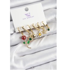 Pirinç Zİrkon Taşlı Gül Ve Papatya Model Gold Renk 3'lü Çift Kadın Küpe