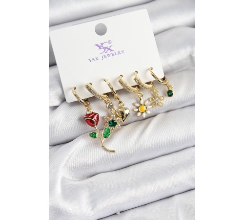 Pirinç Zİrkon Taşlı Gül Ve Papatya Model Gold Renk 3'lü Çift Kadın Küpe Pirinç Zİrkon Taşlı Gül Ve Papatya Model Gold Renk 3'lü Çift Kadın Küpe