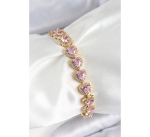 Pirinç Zirkon Taşlı Pembe Kalp Baget Model Gold Renk VIP Seri Kadın Bileklik