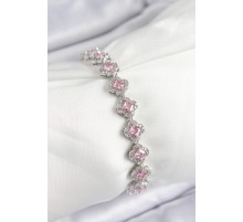 Pirinç Zirkon Taşlı Pembe Yonca Baget Model Gümüş Renk VIP Seri Kadın Bileklik