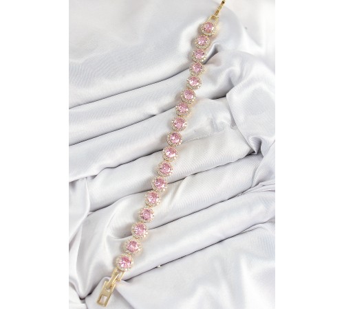 Pirinç Pembe Zirkon Taşlı Daire Baget Model Gold Renk VIP Seri Kadın Bileklik Pirinç Pembe Zirkon Taşlı Daire Baget Model Gold Renk VIP Seri Kadın Bileklik