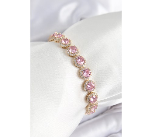 Pirinç Pembe Zirkon Taşlı Daire Baget Model Gold Renk VIP Seri Kadın Bileklik Pirinç Pembe Zirkon Taşlı Daire Baget Model Gold Renk VIP Seri Kadın Bileklik