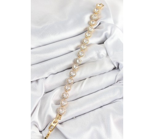 Pirinç Zirkon Taşlı Daire Baget Model Gold Renk VIP Seri Kadın Bileklik Pirinç Zirkon Taşlı Daire Baget Model Gold Renk VIP Seri Kadın Bileklik