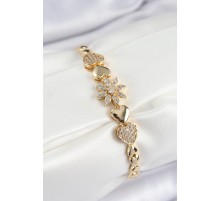 Pirinç Zirkon Taşlı Kalp Detaylı Çiçek Model Gold Renk Kadın Bileklik