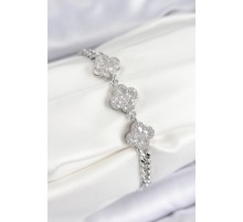 Pirinç Zirkon Taşlı Yonca Model Gümüş Renk Kadın Bileklik