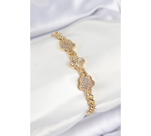 Pirinç Zirkon Taşlı Yonca Model Gold Renk Kadın Bileklik Pirinç Zirkon Taşlı Yonca Model Gold Renk Kadın Bileklik