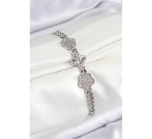 Pirinç Zirkon Taşlı Yonca Model Gümüş Renk Kadın Bileklik