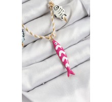 Seramik Motifli Pembe Balık Figürlü Model Krem İp Kadın Kolye