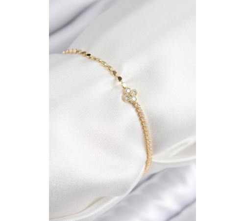Pirinç Zirkon Taşlı Yonca Model Ezme Zincir Gold Renk Kadın Bileklik Pirinç Zirkon Taşlı Yonca Model Ezme Zincir Gold Renk Kadın Bileklik