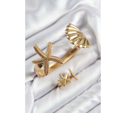 Pirinç İstiridye Ve Deniz Yıldızı Model Gold Renk Bileklik Yüzük Set Pirinç İstiridye Ve Deniz Yıldızı Model Gold Renk Bileklik Yüzük Set