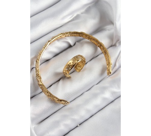 Pirinç Zirkon Taşlı Vintage Model Gold Renk Bileklik Yüzük Set