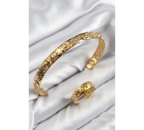 Pirinç Zirkon Taşlı Vintage Model Gold Renk Bileklik Yüzük Set