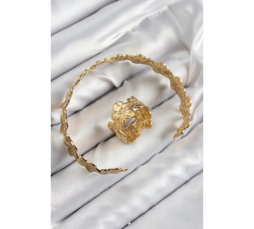 Pirinç Çiçek Model Gold Renk Bileklik Yüzük Set