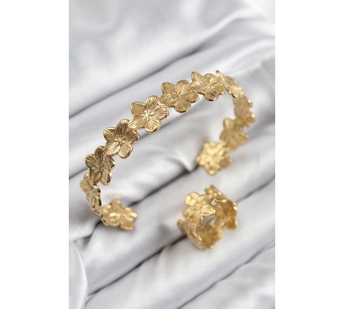 Pirinç Çiçek Model Gold Renk Bileklik Yüzük Set